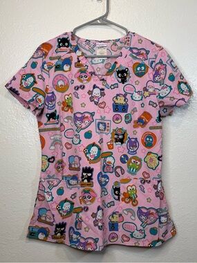 Hello Kitty and Friends Pink Scrub Top All Over Character Design Size Medium